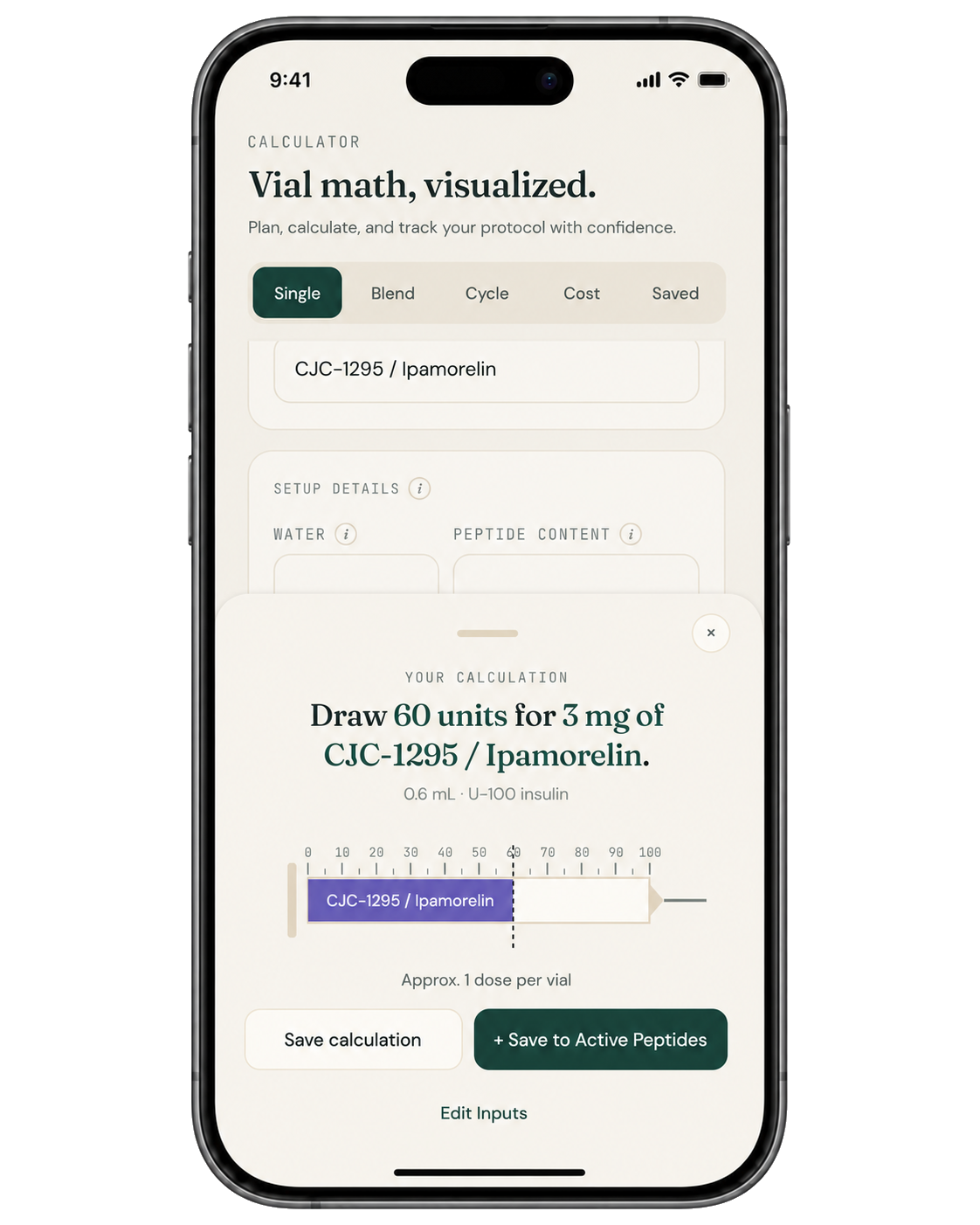 PepCue calculator screen with visual syringe
