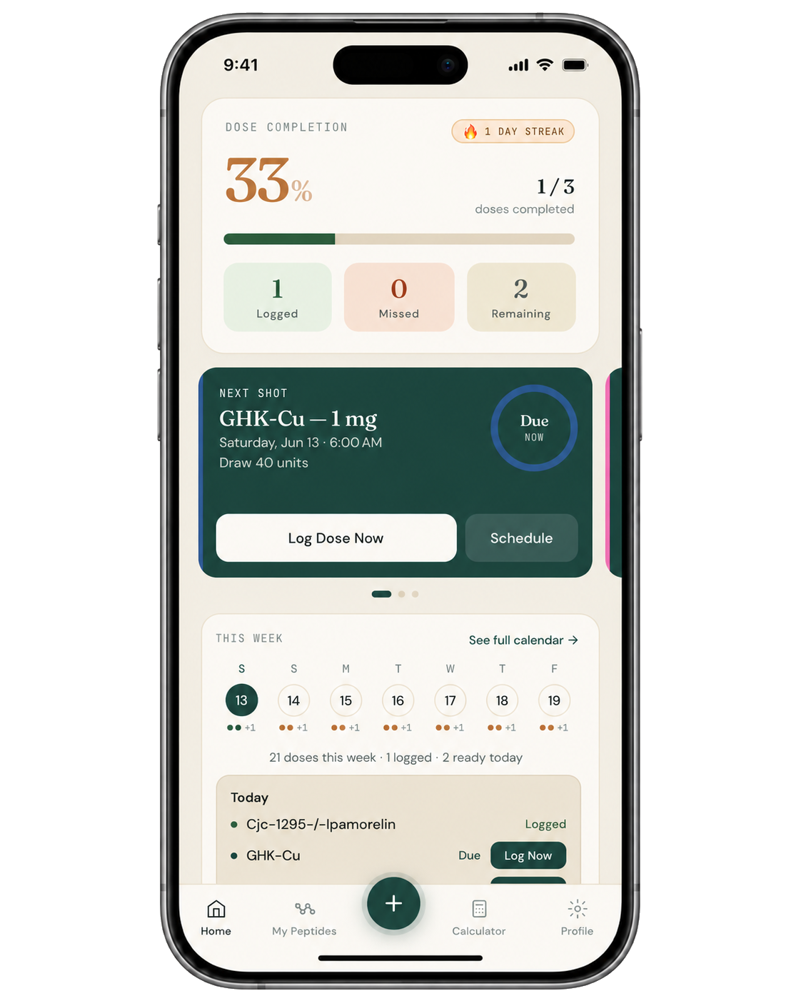 PepCue home screen — today's dose schedule with logged check-offs, weekly calendar, and next-shot card